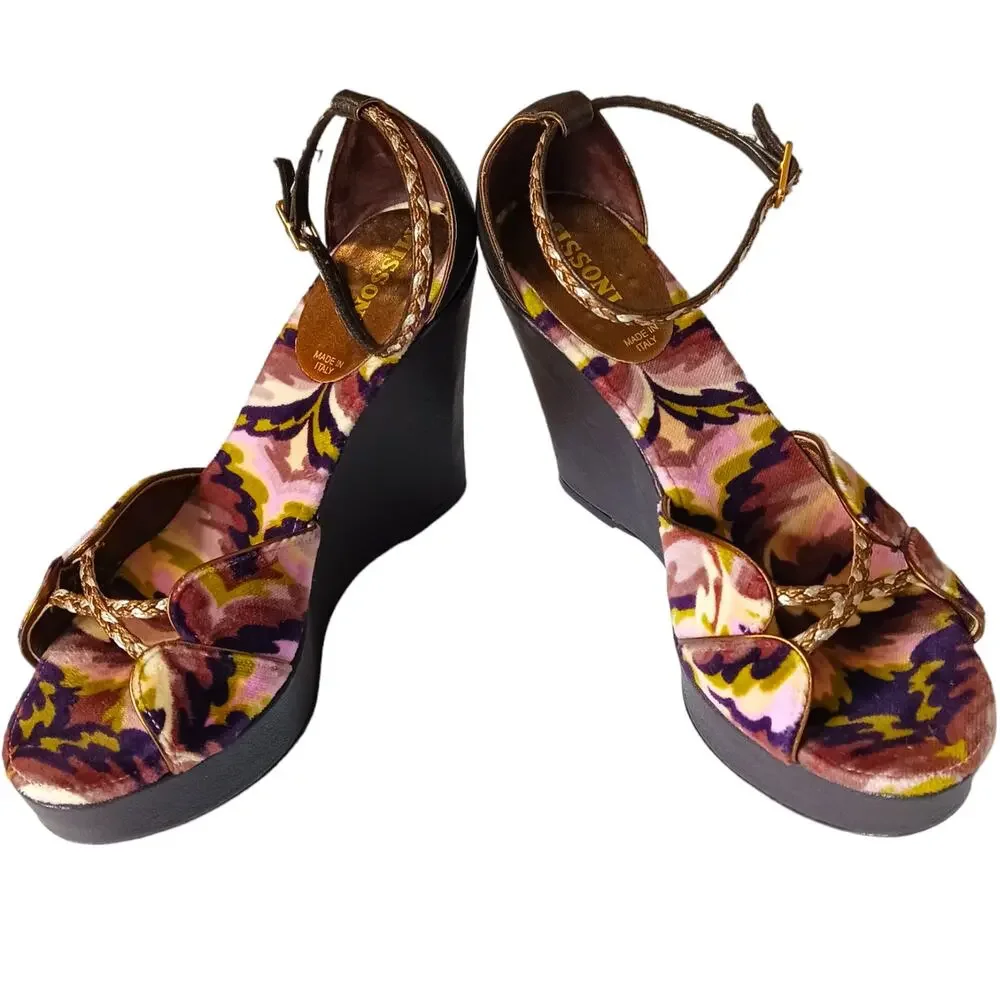 MISSONI Colorful Velvet Heel Sandal 35 High Wedge Ankle Straps Purple Green Gold
